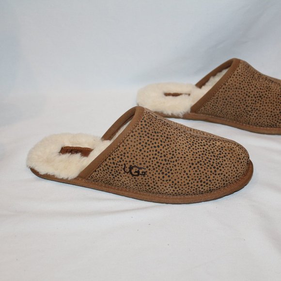 NIB UGG‎ SCUFFETTE CHEETAH PRINT SUEDE SHEARING LINED SLIPPERS CHESTNUT - Picture 5 of 6